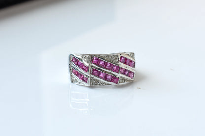 Ruby and diamond Art Deco geometric ring in 925 silver