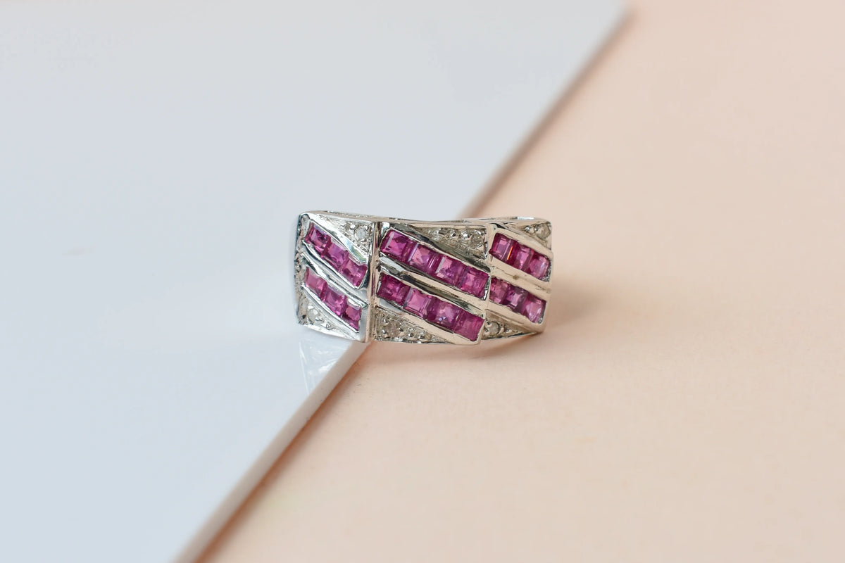 Ruby and diamond Art Deco geometric ring in 925 silver