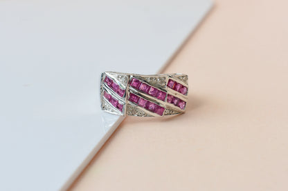 Ruby and diamond Art Deco geometric ring in 925 silver