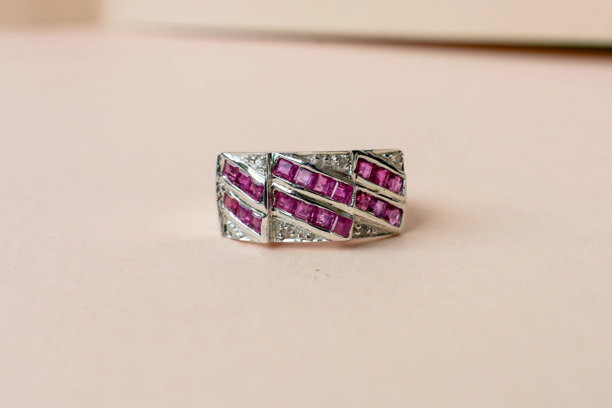 Ruby and diamond Art Deco geometric ring in 925 silver