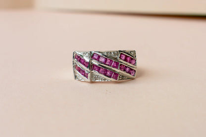 Ruby and diamond Art Deco geometric ring in 925 silver