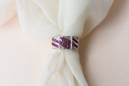 Ruby and diamond Art Deco geometric ring in 925 silver