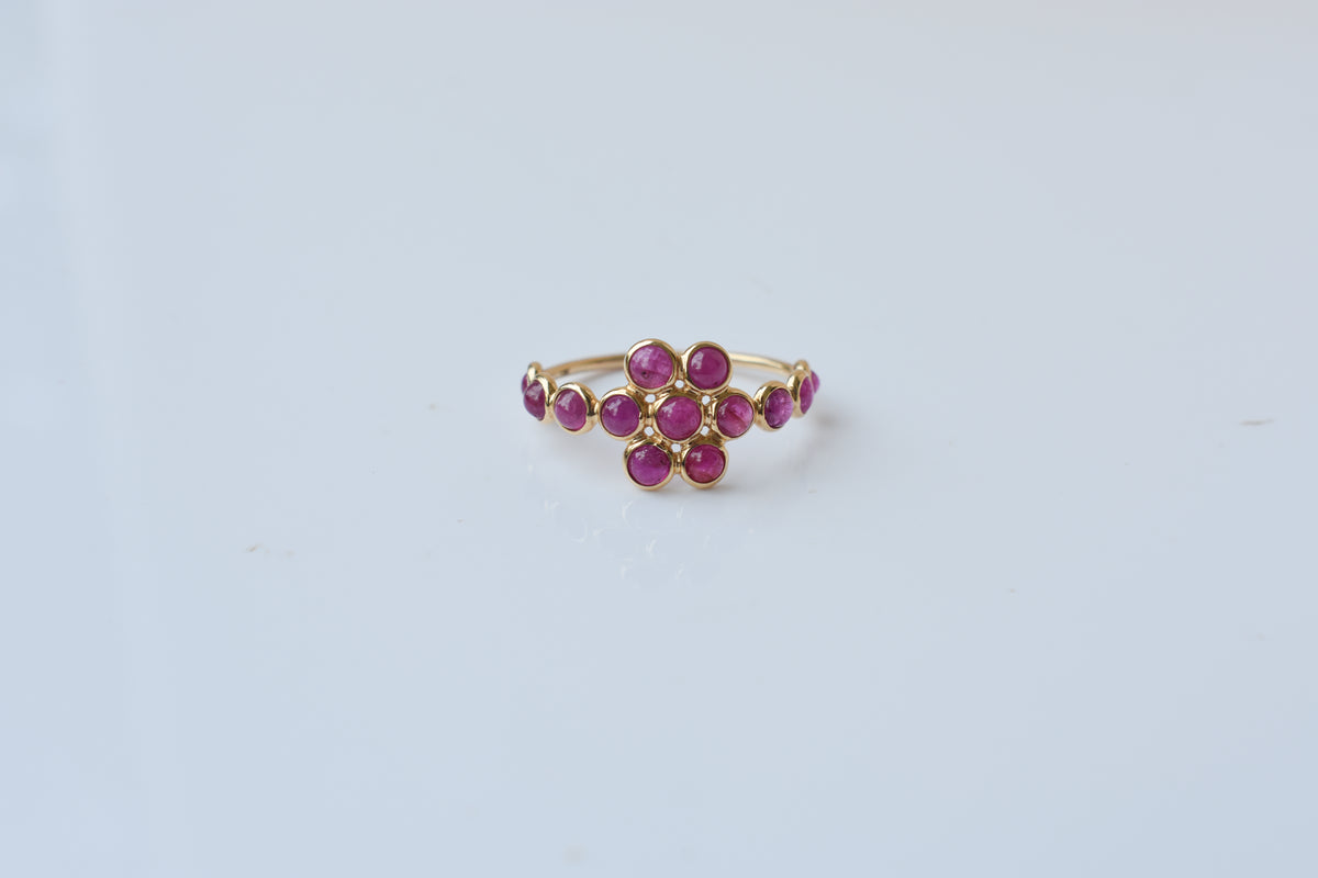Ruby Flower Cluster Ring in 18K Gold – Round Cabochon Bezel-Set Ring