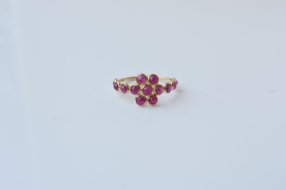 Ruby Flower Cluster Ring in 18K Gold – Round Cabochon Bezel-Set Ring