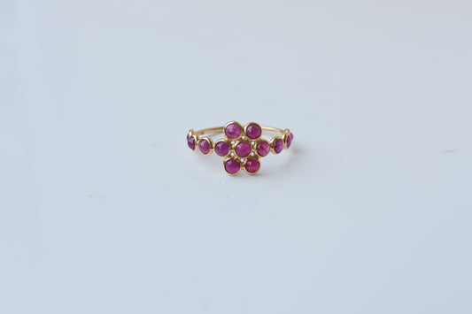 Ruby Flower Cluster Ring in 18K Gold – Round Cabochon Bezel-Set Ring