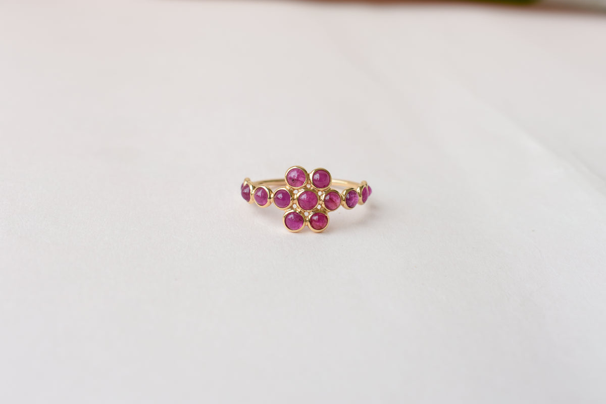Ruby Flower Cluster Ring in 18K Gold – Round Cabochon Bezel-Set Ring