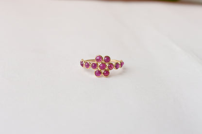 Ruby Flower Cluster Ring in 18K Gold – Round Cabochon Bezel-Set Ring