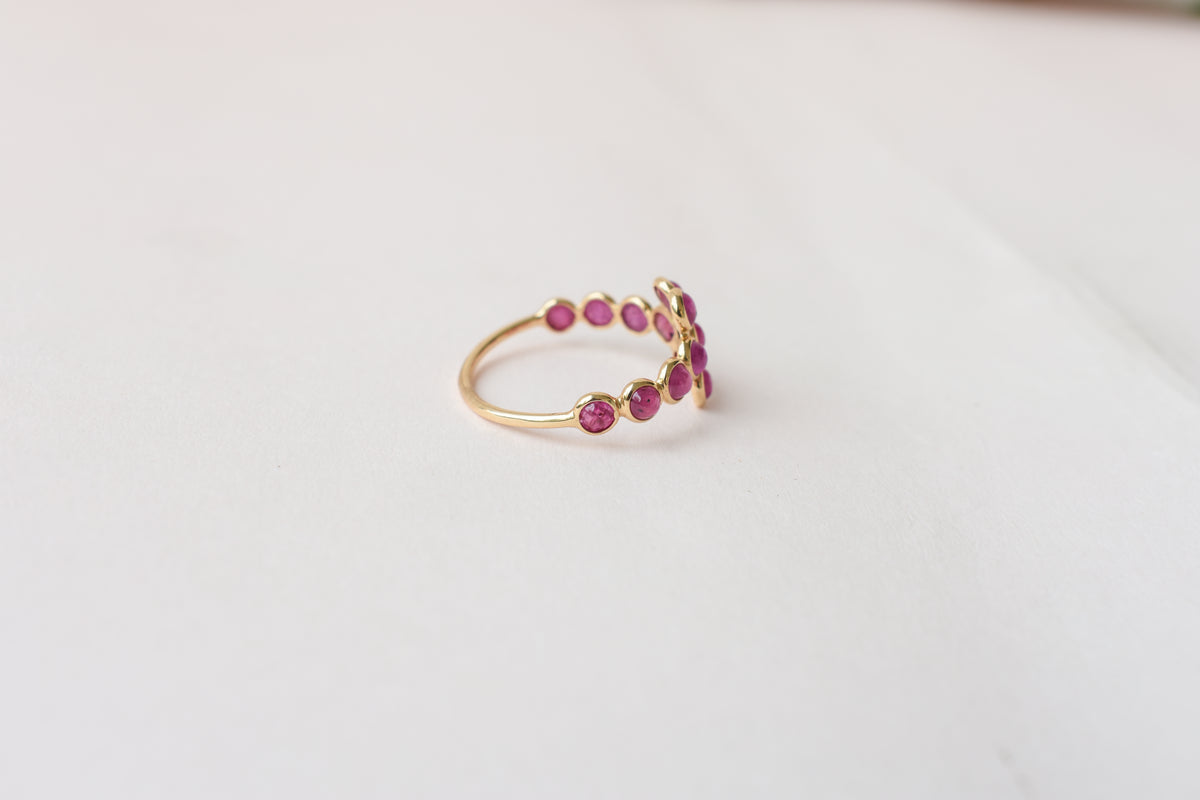 Ruby Flower Cluster Ring in 18K Gold – Round Cabochon Bezel-Set Ring