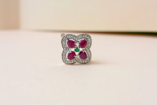 Ruby and emerald clover motif ring in 925 silver