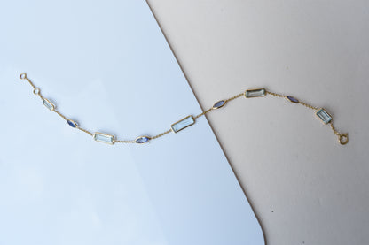 Aquamarine & Tanzanite Station Bracelet in 18K Gold – Emerald-Cut & Marquise Bezel Bracelet