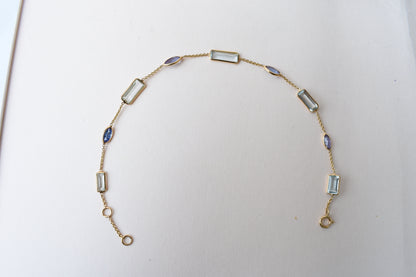 Aquamarine & Tanzanite Station Bracelet in 18K Gold – Emerald-Cut & Marquise Bezel Bracelet