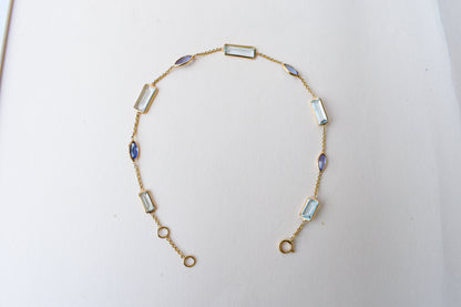 Aquamarine & Tanzanite Station Bracelet in 18K Gold – Emerald-Cut & Marquise Bezel Bracelet