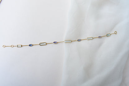Aquamarine & Tanzanite Station Bracelet in 18K Gold – Emerald-Cut & Marquise Bezel Bracelet
