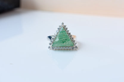 Triangular green agate ring with cubic zirconia halo in 925 silver
