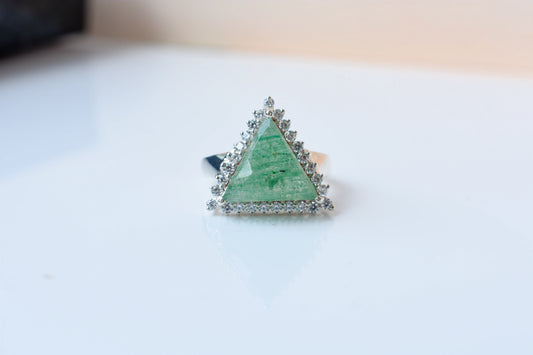 Triangular green agate ring with cubic zirconia halo in 925 silver