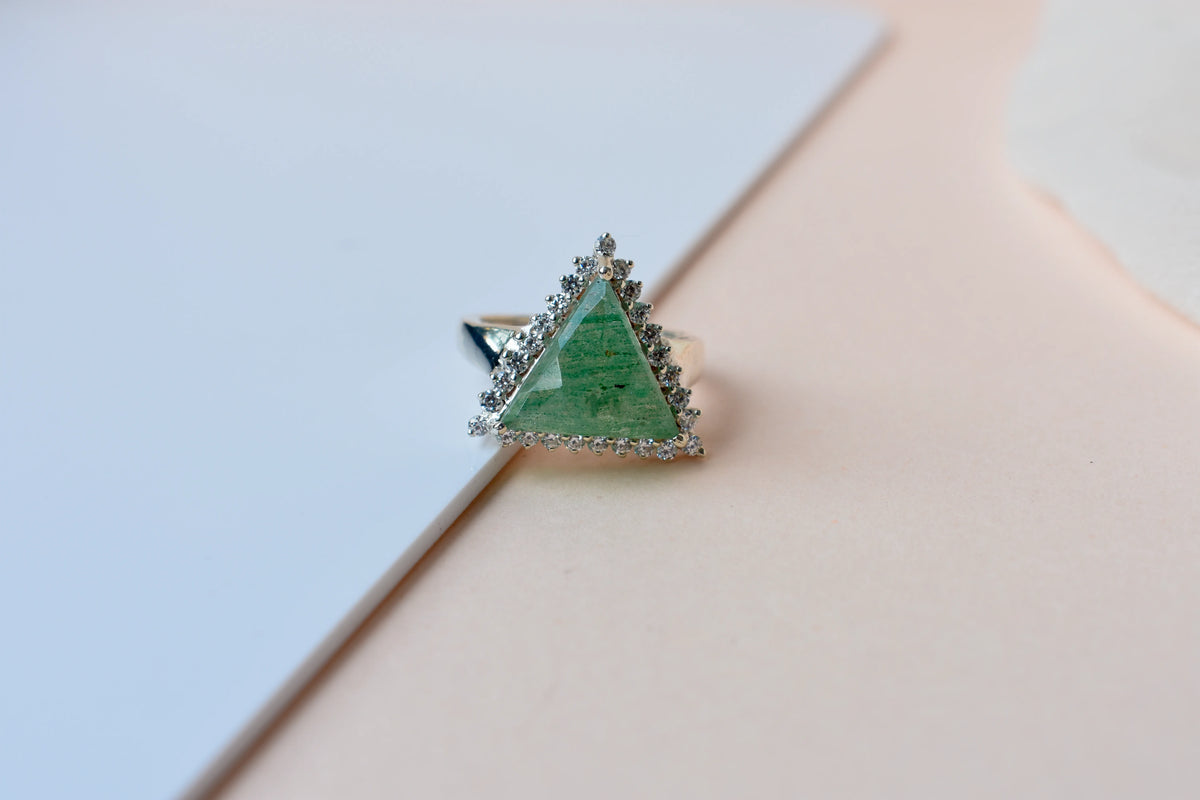 Triangular green agate ring with cubic zirconia halo in 925 silver