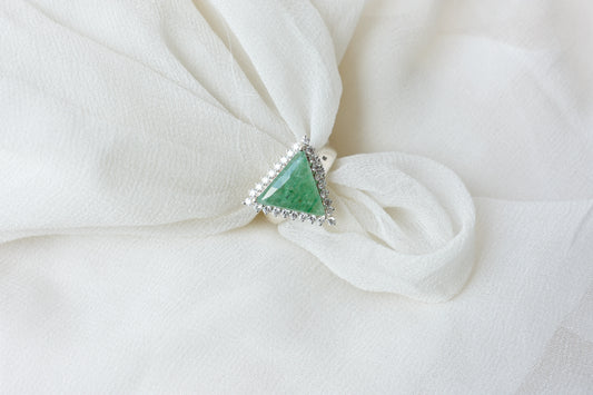 Triangular green agate ring with cubic zirconia halo in 925 silver