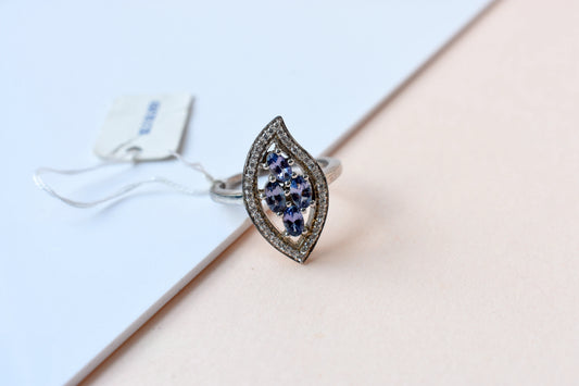 Blue-violet gemstone cluster ring in marquise frame, 925 silver