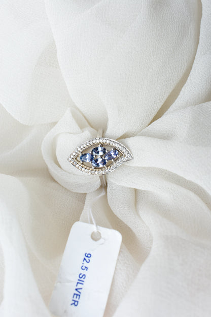 Blue-violet gemstone cluster ring in marquise frame, 925 silver