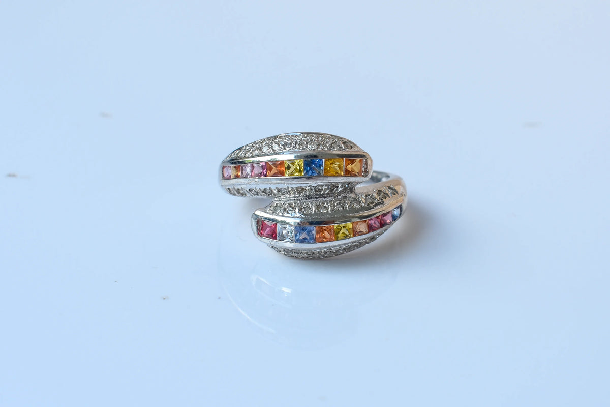 Multicolor sapphire bypass ring in 925 silver