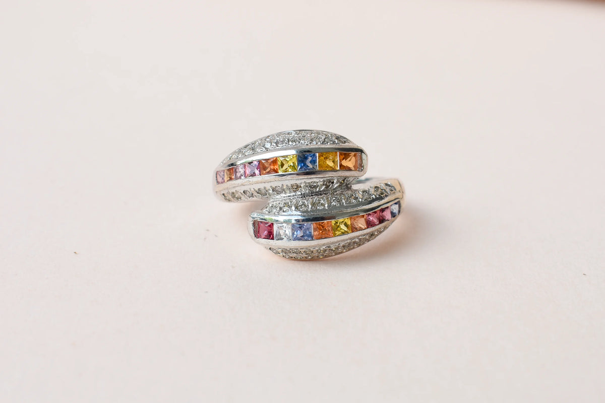Multicolor sapphire bypass ring in 925 silver