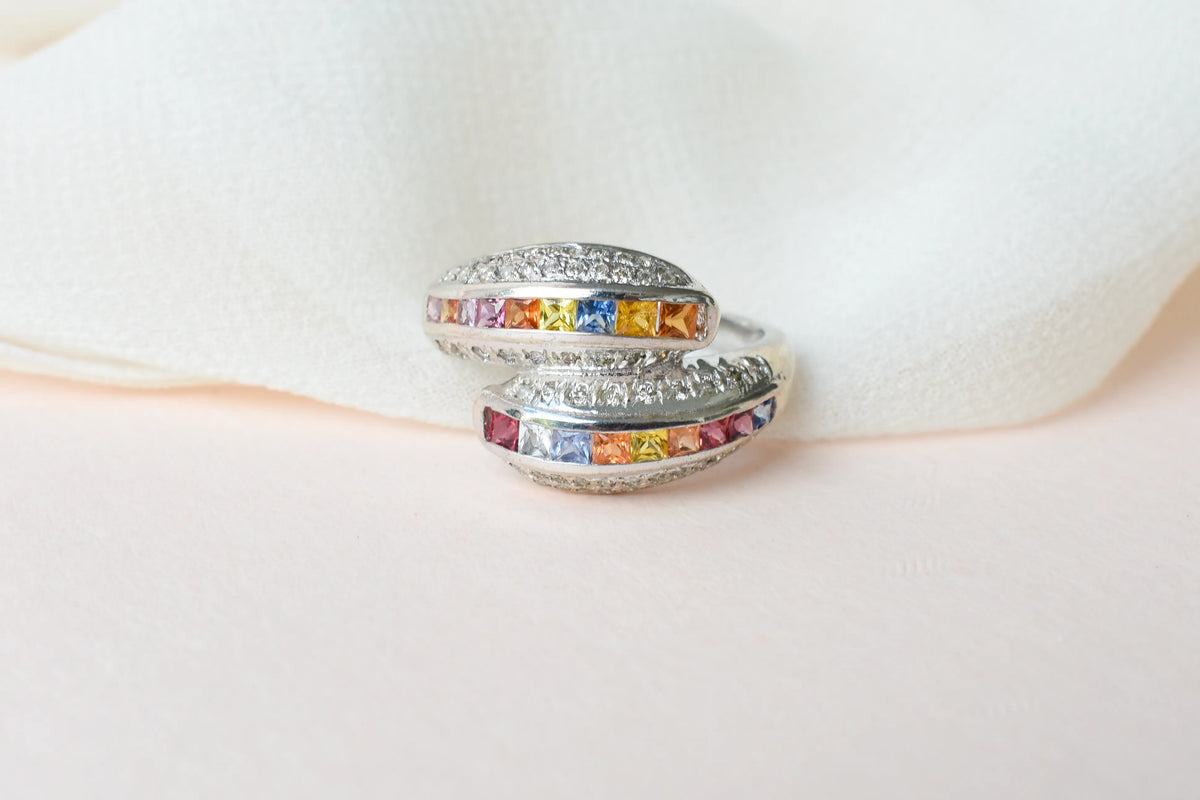 Multicolor sapphire bypass ring in 925 silver