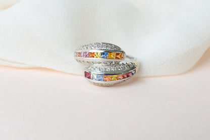 Multicolor sapphire bypass ring in 925 silver
