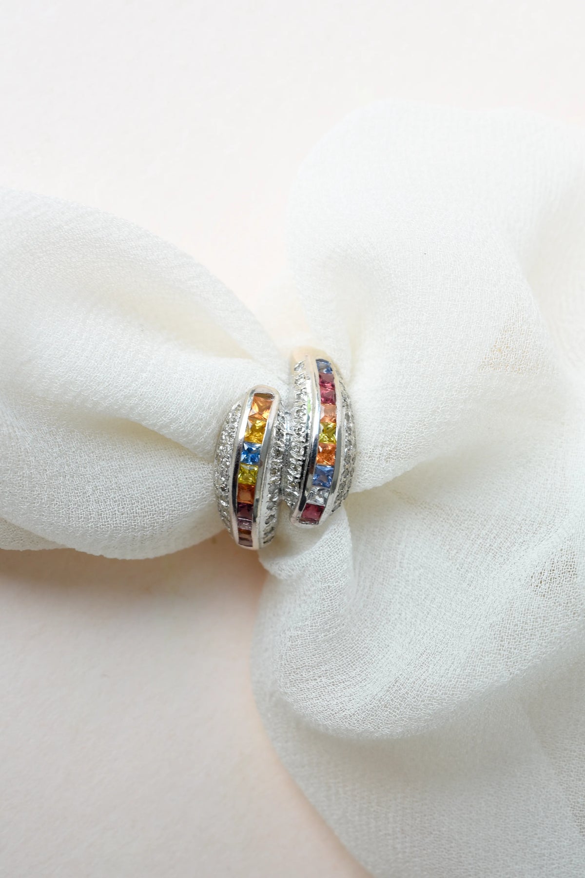 Multicolor sapphire bypass ring in 925 silver