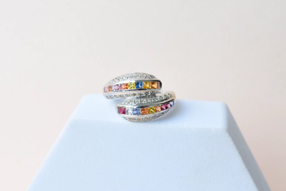 Multicolor sapphire bypass ring in 925 silver