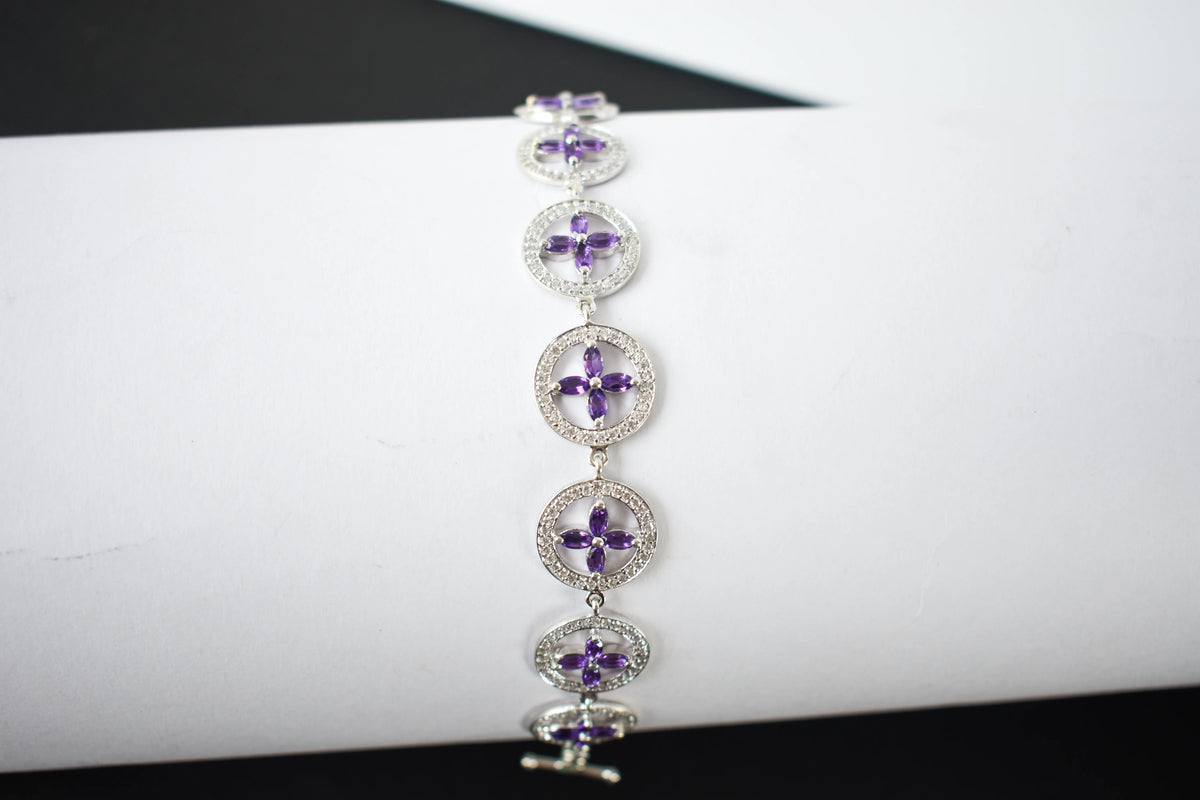 Amethyst flower halo bracelet with cubic zirconia pave links in 925 silver
