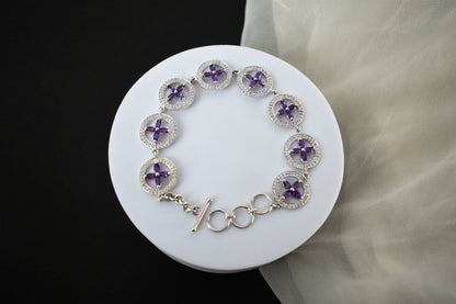 Amethyst flower halo bracelet with cubic zirconia pave links in 925 silver