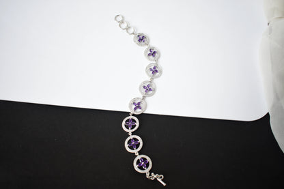 Amethyst flower halo bracelet with cubic zirconia pave links in 925 silver