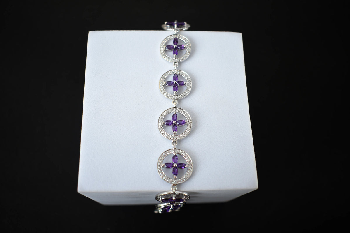 Amethyst flower halo bracelet with cubic zirconia pave links in 925 silver