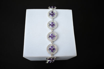 Amethyst flower halo bracelet with cubic zirconia pave links in 925 silver