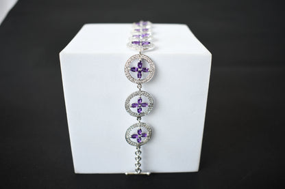 Amethyst flower halo bracelet with cubic zirconia pave links in 925 silver