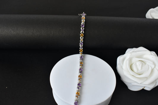 Amethyst and citrine tennis bracelet with alternating round stones in 925 silver