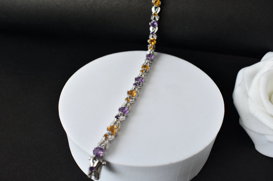 Amethyst and citrine tennis bracelet with alternating round stones in 925 silver