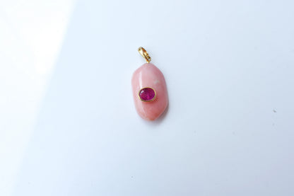 18K gold pendant with pink opal and ruby accent