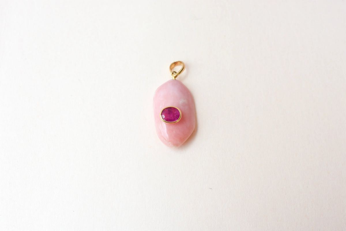 18K gold pendant with pink opal and ruby accent