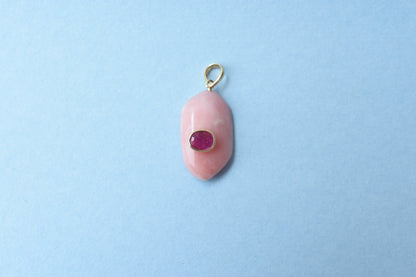 18K gold pendant with pink opal and ruby accent