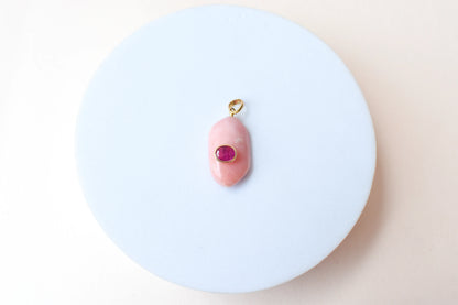 18K gold pendant with pink opal and ruby accent