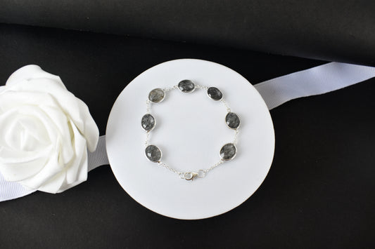 Black rutilated quartz bracelet with oval bezel-set stones in 925 silver