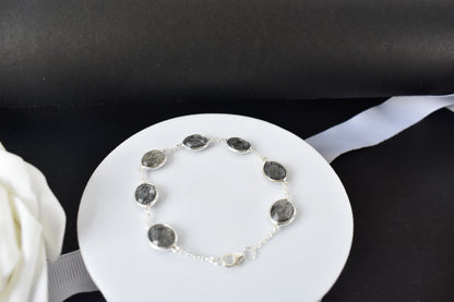 Black rutilated quartz bracelet with oval bezel-set stones in 925 silver