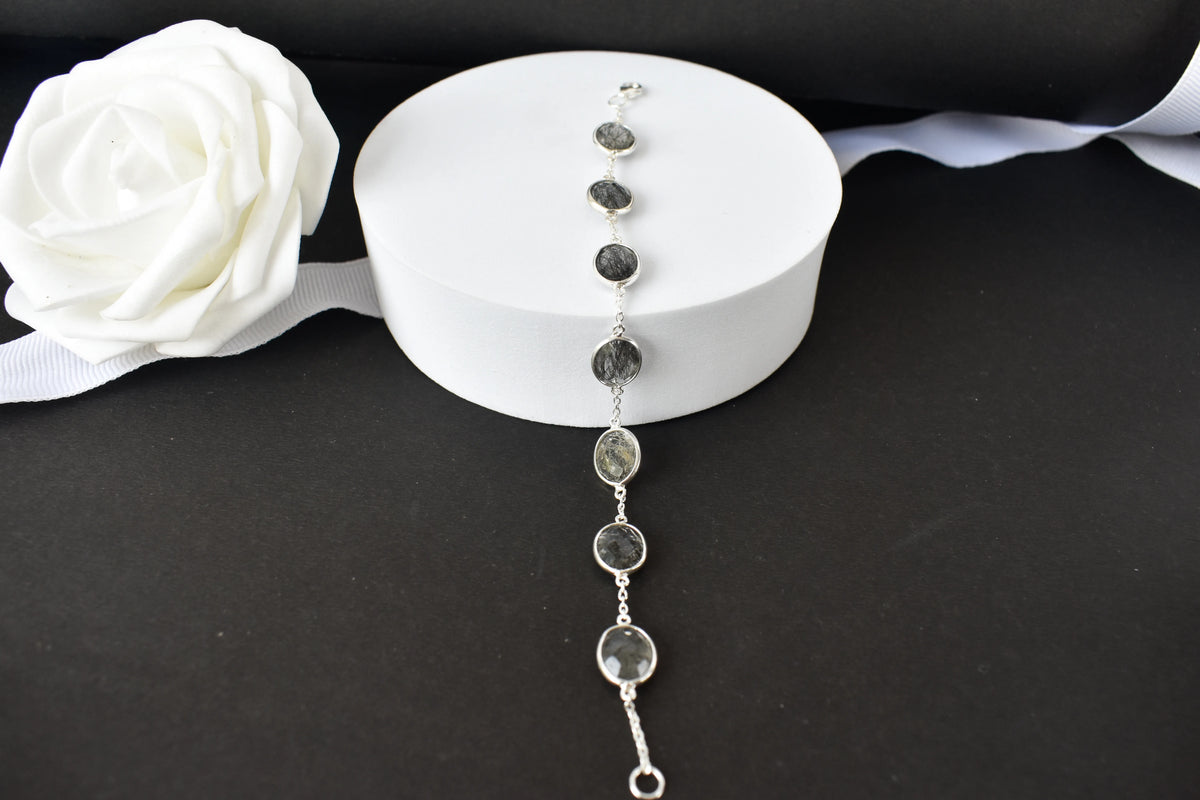 Black rutilated quartz bracelet with oval bezel-set stones in 925 silver