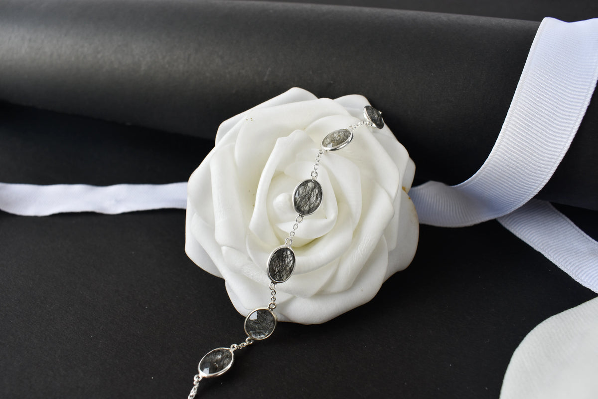 Black rutilated quartz bracelet with oval bezel-set stones in 925 silver