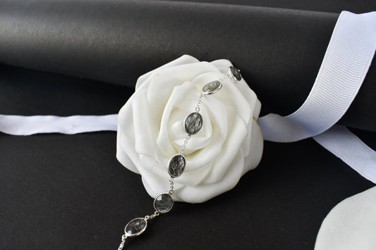 Black rutilated quartz bracelet with oval bezel-set stones in 925 silver