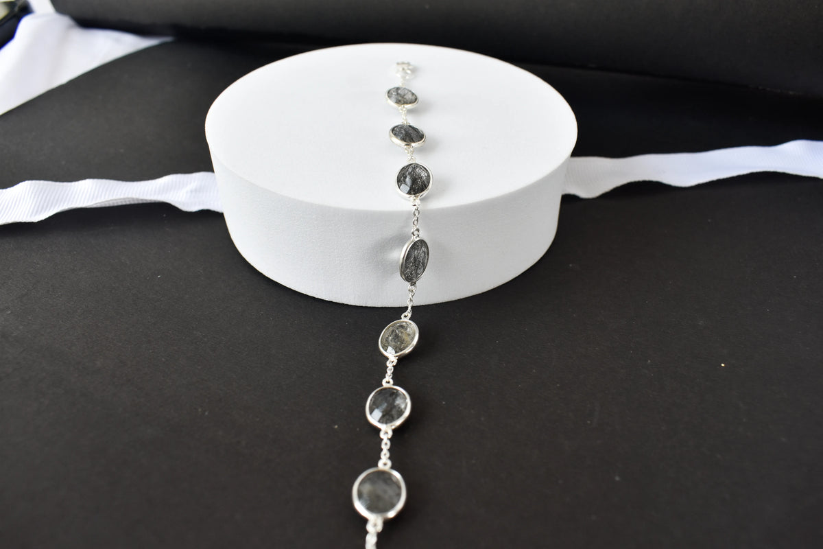 Black rutilated quartz bracelet with oval bezel-set stones in 925 silver