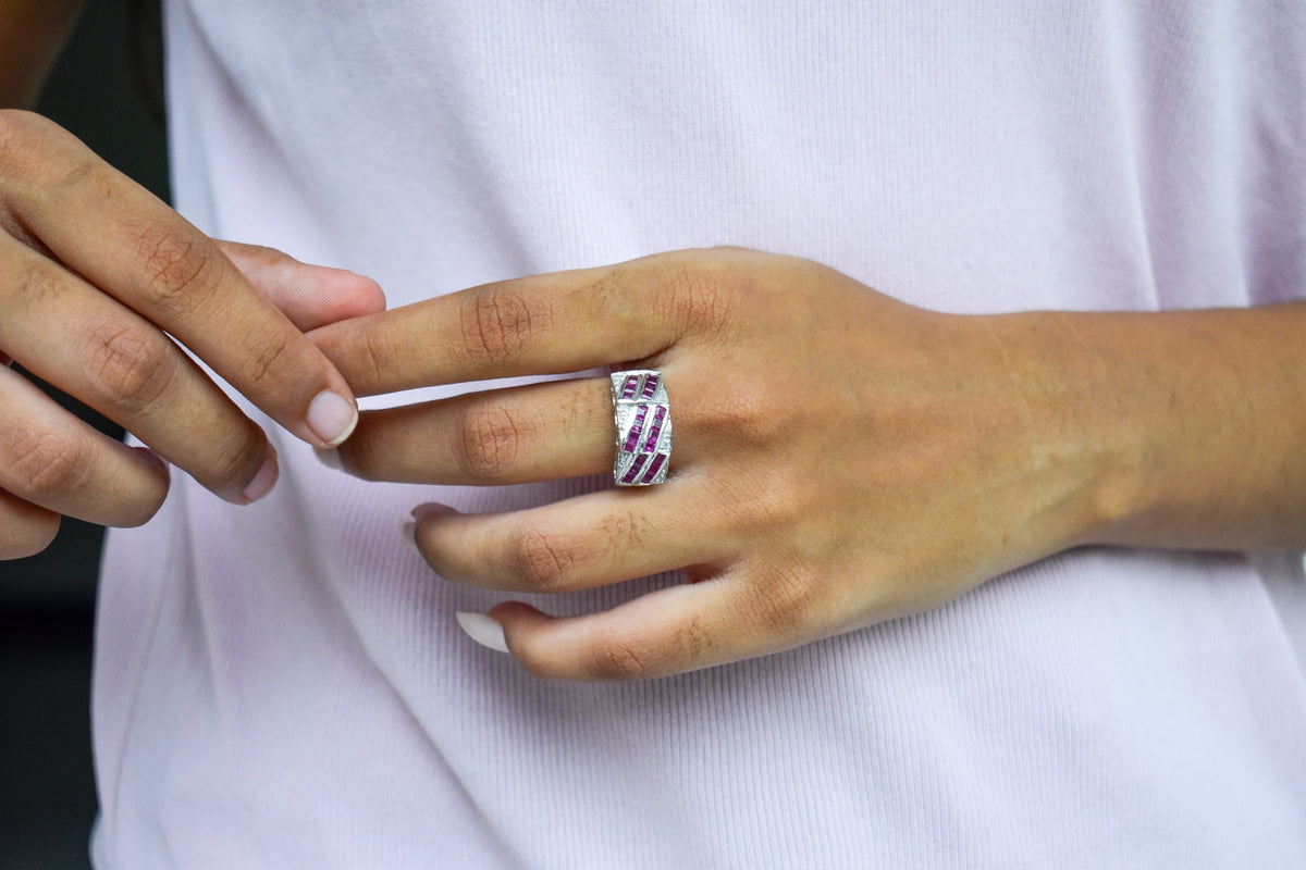 Ruby and diamond Art Deco geometric ring in 925 silver