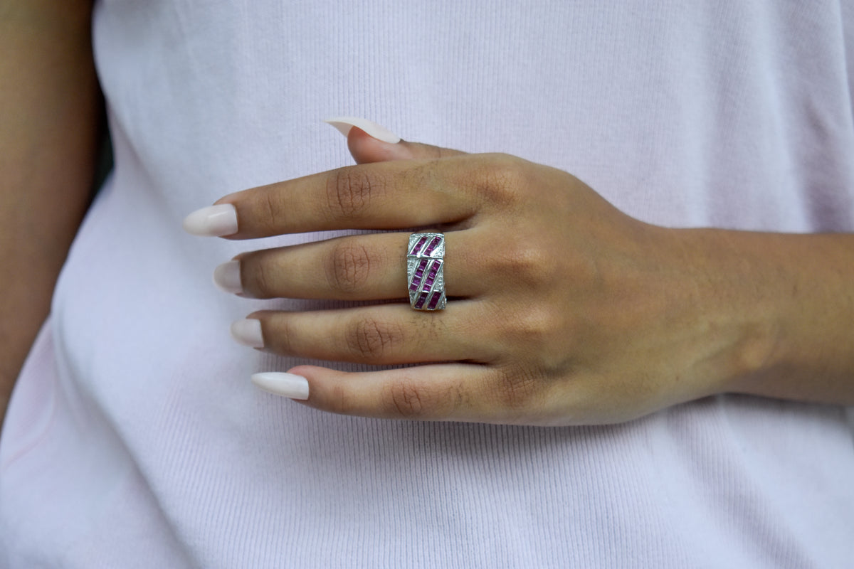 Ruby and diamond Art Deco geometric ring in 925 silver