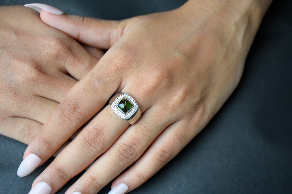 Cushion-cut multi sapphire ring in 925 silver with cubic zirconia halo